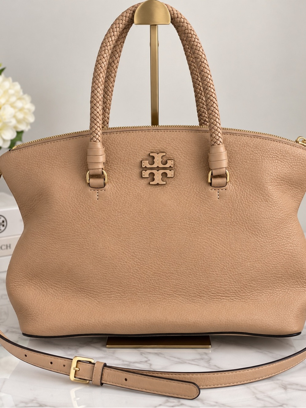 Tory Burch Tan Pebbled Leather Tote Shoulder Crossbody Bag Braided Handles